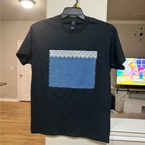 Gildan Black Tee with Blue Patch and Lace Accent